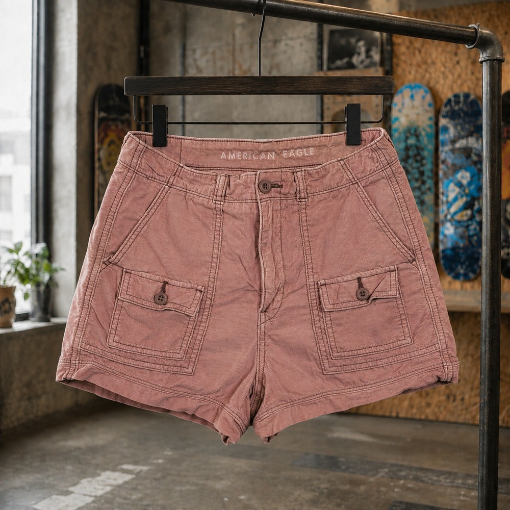American Eagle Corduroy Utility Cargo Shorts Pink Mauve Size 4 Retro Wash